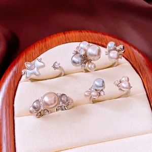 Adjustable Open Ring For Women With Faux Artificial Pearl Zircon And Shell Accents Vintage French Style Luxury Hand Jewelry