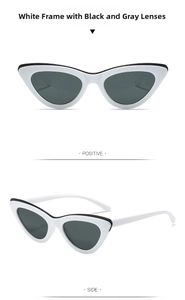 Detailed front and side views of white cat eye sunglasses with grey resin lenses