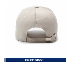 Detail view of cotton baseball cap back with adjustable silver metal buckle