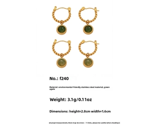 Detail view of gold twisted stainless steel earrings with round green agate drops