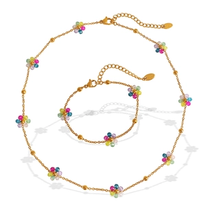 18k gold plated stainless steel jewelry set featuring colorful crystal floral necklace and bracelet