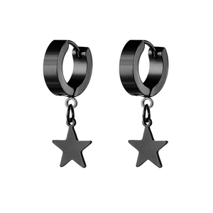 Detail view of black stainless steel star pendant earrings on a white background