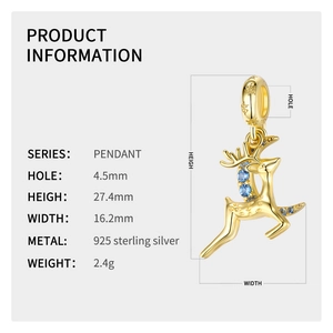 Detailed specs of S925 sterling silver golden reindeer charm with blue crystals