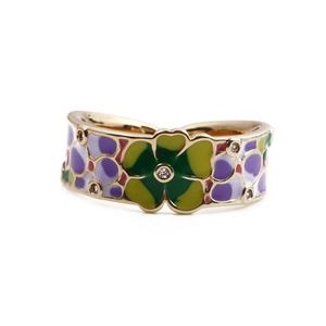 Anello aperto floreale smaltato in oro con fiori colorati e zirconi brillanti