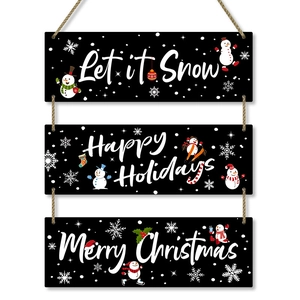 Three-tier black wooden Christmas wall hanging with snowman and snowflake illustrations