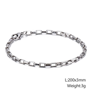 Macro detail of silver stainless steel square link chain bracelet showing 200x3mm dimensions