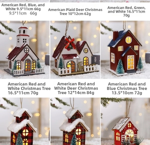 Detail view of various wooden LED Christmas house ornaments with specific sizes and weights