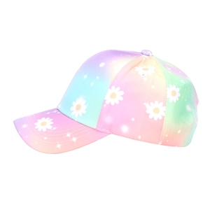 Detail of colorful tie-dye baseball cap featuring white daisy prints and a curved brim