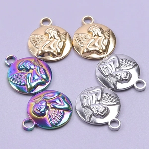 Set of six stainless steel angel pendants in gold, silver and iridescent finishes