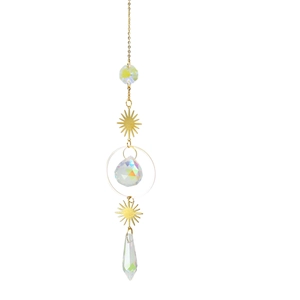 Golden moon star crystal suncatcher with iridescent glass prism for garden window decor