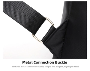 Detail of golden hardware buckle and reinforced black nylon strap on oxford backpack