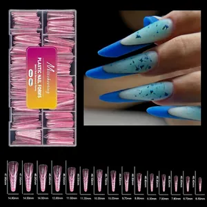 Detailed size chart for 150pcs pink crystal nail extension tips showing 15 width dimensions