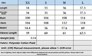 Detailed size guide table for women's plaid blouse with multi-language measurements in CM