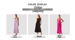 Detailed comparison of pleated one-shoulder maxi dress in light purple, black, and rose red