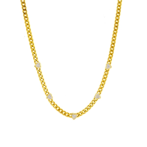Minimalist gold titanium steel curb chain necklace with five diamond-studded heart charms