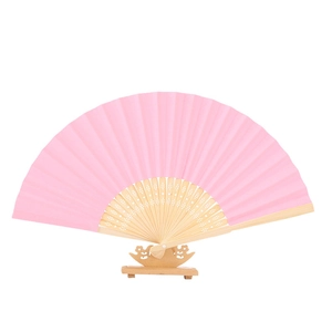 Pink DIY paper folding fan with carved wooden frame on stand for kids crafts