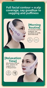 Close-up of elastic V-line lifting mask with purple shell patterns for face sculpting