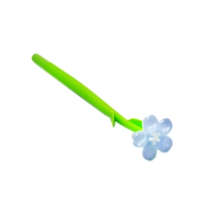 Close-up of a blue flower-shaped gel pen with a flexible green stem and leaf design