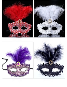 Detail of masquerade masks with delicate lace, sequins, feathers and centerpiece gems