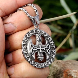 Antique silver rune pendant necklace with stylized eagle on a box chain for men