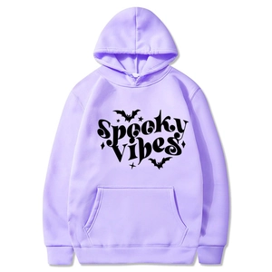Lavender Spooky Vibes hoodie with bats and stars print on front, casual long sleeve fit