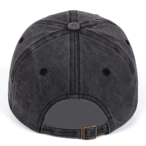 Detail view of washed cotton baseball cap with adjustable antique bronze metal buckle