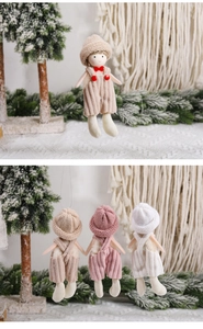 Front and back detail of knitted Christmas dolls in beige, pink and white with overalls