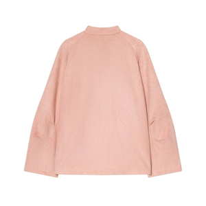 Pink faux suede stand collar jacket for women with high-quality fabric texture and sleek fit
