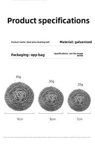 Size details of galvanized steel wool cleaning balls with measurements in OPP bag