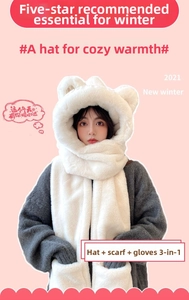Close-up of winter 3-in-1 plush set with bear ear hood, scarf, and pocket mittens