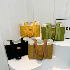 Canvas Tote Bag Large Capacity Color Block Handbag For Women Minimalist Commute Shoulder Bag Fashion Zipper School Bag