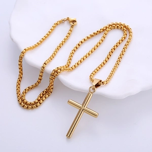 Minimalist 18k gold plated stainless steel box chain necklace with a cross pendant