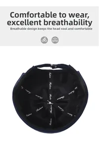 Detail of dark blue brimless docker hat with breathable black mesh lining and metal strap