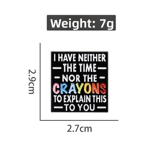 Detail view of rectangular enamel pin with colorful sarcasm text and dimensions