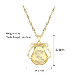 Detail view of crystal-encrusted gold money bag necklace with 40+5cm adjustable chain
