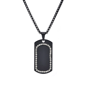 Titanium Steel Military Dog Tag Pendant Necklace With Rhinestones Rectangular Smooth Surface Fashion Hip Hop Jewelry For Men