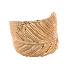Chic gold-plated wide leaf feather open cuff bracelet with textured metallic finish