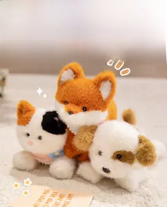 Close-up of plush cat, fox, and puppy dolls featuring fluffy fur and plaid scarves