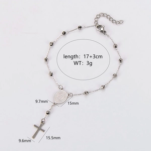 Silver stainless steel rosary bracelet with cross and virgin mary medal charms