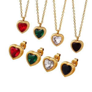 Heart Shape Zircon Jewelry Necklace And Earrings Titanium Steel Gold Plated French Vintage Style For Women