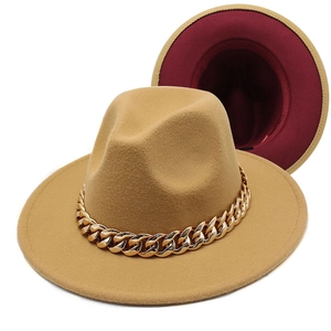 Detail of camel fedora with gold acrylic chain and burgundy interior color contrast