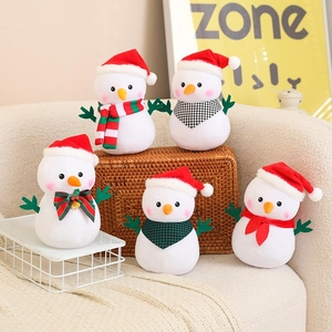 Set of five plush Christmas snowmen toys with festive hats and colorful scarves