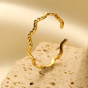 Minimalist 18K gold plated stainless steel open ring with hammered wavy texture