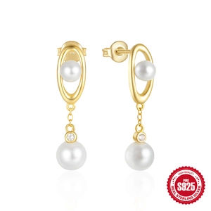 Elegant S925 sterling silver gold-plated pearl drop earrings with hollow oval design