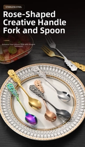 Macro detail of rose-shaped stainless steel dessert spoons in multiple metallic finishes