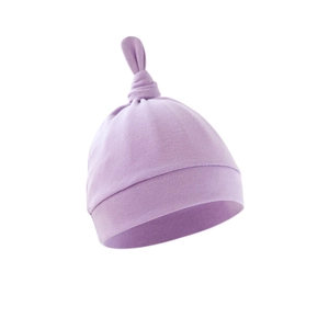 Detail view of purple soft cotton knit baby knot hat with comfortable folded brim