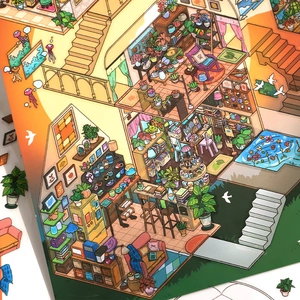 Large isometric house scene stickers featuring warm sunset light and detailed interior illustrations