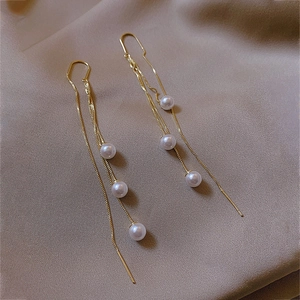Elegant Long Tassel Artificial Pearl Threader Earrings With Silver Earring Post Vintage Minimalist Gold Color Jewelry For Women