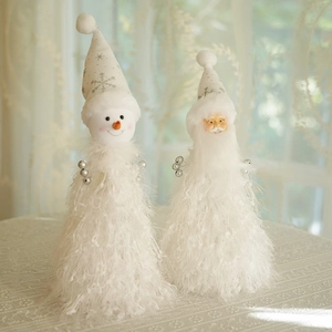Plush Santa and Snowman tabletop figurines with silver snowflake hats for Christmas decor