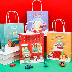 Christmas Gift Bags Cartoon Paper Handbags With Handles Snowman Reindeer Patterns For Holiday Party Favor Wrapping